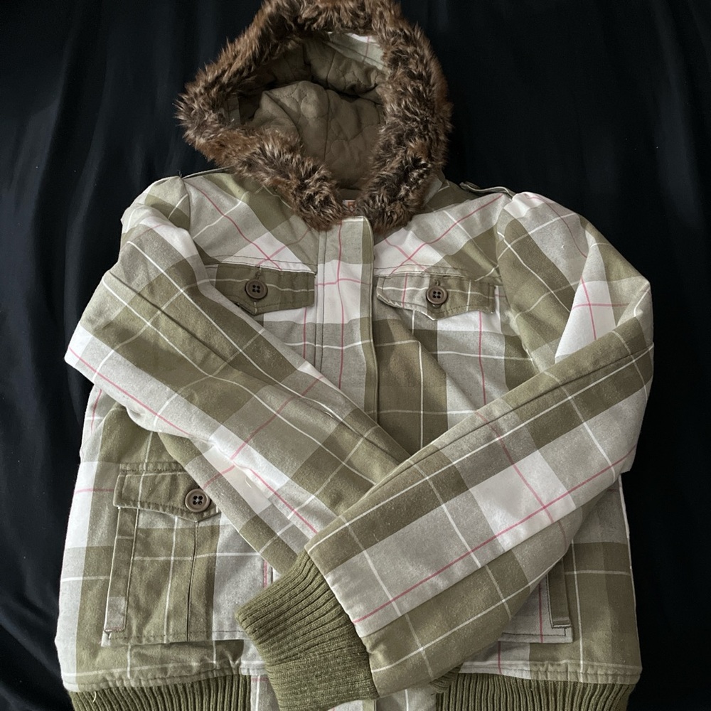 Roxy Checkered Jacket with Faux Fur Trim